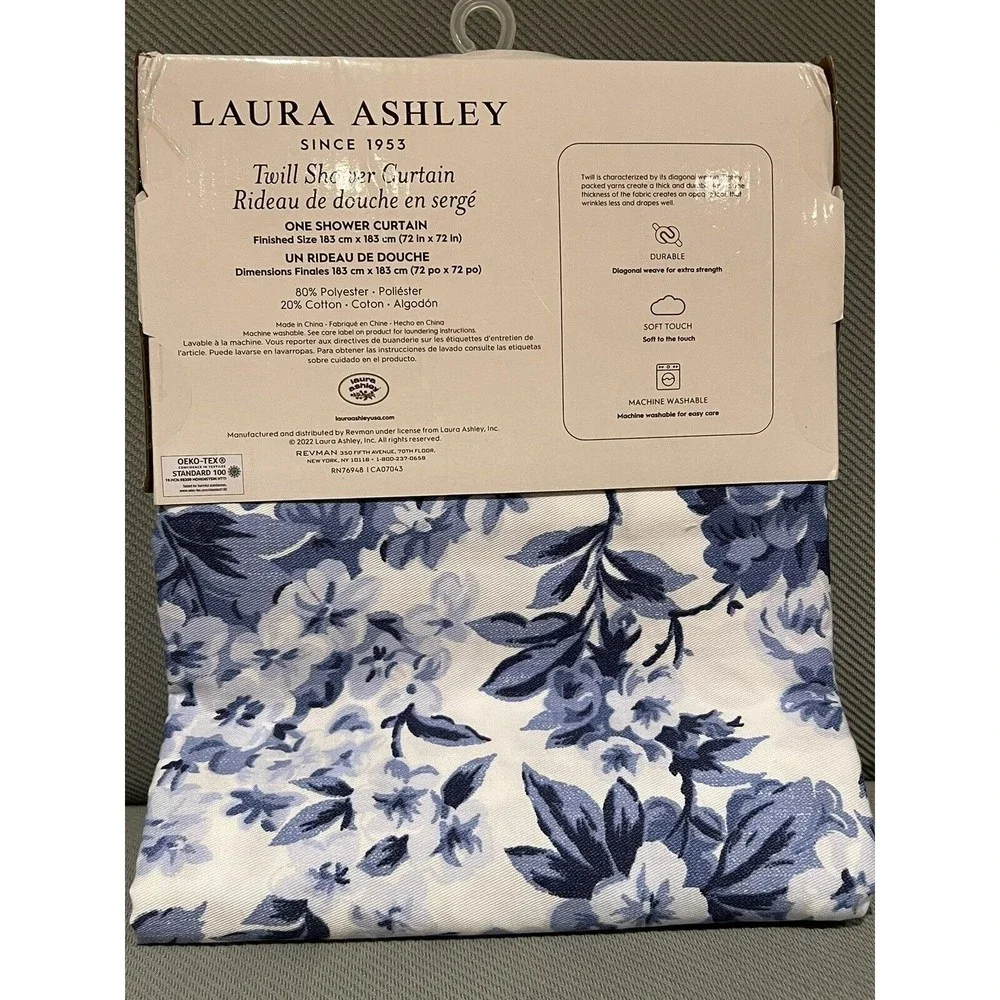Laura Ashley Fabric Shower Curtain Floral Blue White - NEW